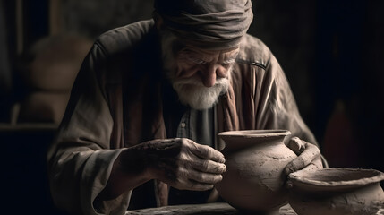 Senior man craftsman working on pottery wheel while sculpting from clay pot background workshop. Generation AI