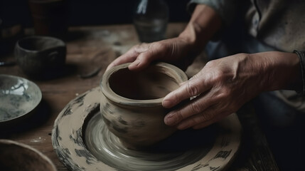 Fototapeta na wymiar Closeup hand of senior man craftsman working on pottery wheel while sculpting from clay pot background workshop. Generation AI