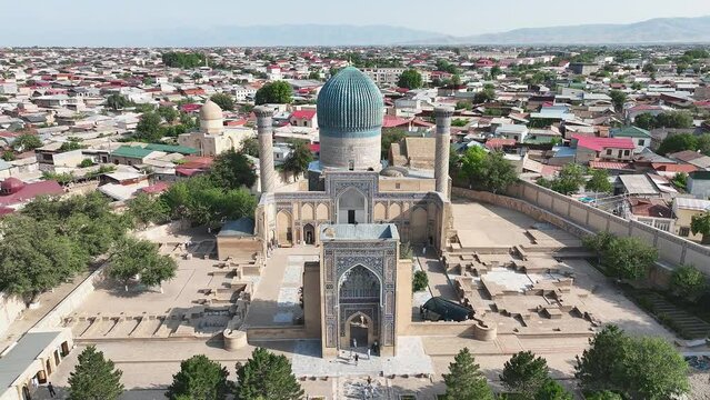 Aerial view of the Guri Amir or Gur Emir mausoleum in Samarkand, Uzbekistan. - May 26, 2023