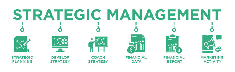Strategic Management banner web icon vector illustration concept with icon of Strategic Planning ,Develop Strategy, Coach Strategy, Financial Data, Financial Report, Marketing Activity  © Trend Icons