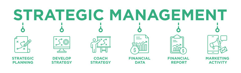 Strategic Management banner web icon vector illustration concept with icon of Strategic Planning ,Develop Strategy, Coach Strategy, Financial Data, Financial Report, Marketing Activity  © Trend Icons