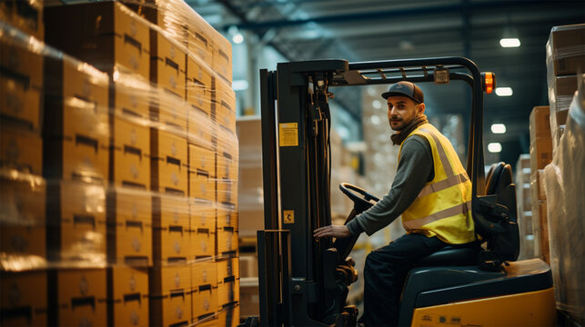 Worker In Warehouse With Forklift