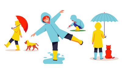 Fototapeta na wymiar Set of Little Kids Wearing Raincoat, Children and Dog in Raincoat.