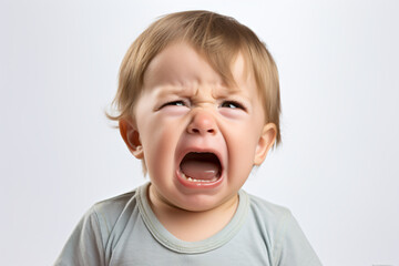 
A close-up shot of an adorable baby boy, crying and shouting, isolated on a white background.
Generative AI.