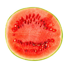 Top view of half of pulpy refreshing red watermelon edible fruit of round shape with seeds isolated on white background consumed raw as healthy dessert or as ingredient in mixed salads and juice