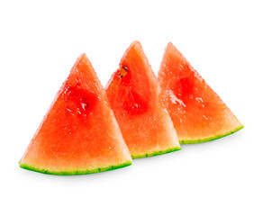 Three slices of ripe juicy refreshing red watermelon edible fruit of triangle shape with seeds isolated on white background consumed raw as healthy dessert or as ingredient in mixed salads and juice