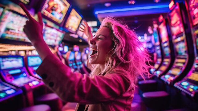 A woman happily celebrates her jackpot win on a slot machine in a casino
