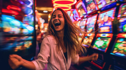 Fototapeta premium A woman happily celebrates her jackpot win on a slot machine in a casino