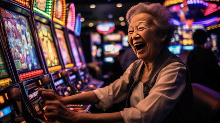 Fototapeta premium A woman happily celebrates her jackpot win on a slot machine in a casino