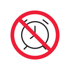 Forbidden clock vector icon. Warning, caution, attention, restriction, label, ban, danger. No alarm clock flat sign design pictogram symbol. No clock icon