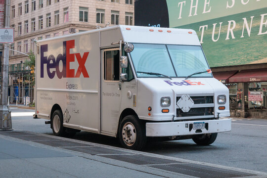 NEW YORK, USA-JULY 31, 2023: Freightliner MT45 P1000 Stepvan "FedEx"