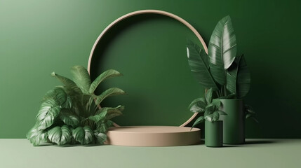Abstract minimal scene with geometric forms cylinder podium in green background with plant leaves