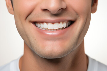 A close-up portrait of an attractive man showcasing a bright smile with pristine teeth, utilized for a dental advertisement. The individual features a modern, stylish haircut and beard. Generative AI