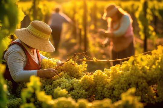 Senior people picking up grapes in the wineyard. Generative AI