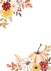 Autumn  with watercolor pumpkins, leaves, and branches. Botanical border with space for text. Hand-painted fall plants illustration. PNG clipart. - 634704760