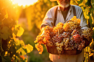 The old man is holding the bucket of grapes in the wineyard. Generative AI