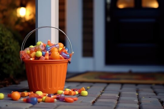 Halloween Jack o Lantern candy holder with candy, outdoors on background of house. Trick or Treating on Halloween