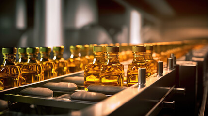 Cooking oil-filled bottles moving gracefully along a conveyor belt in a bustling production line