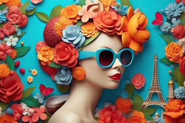 Girl with 3d multicolored flowers in hair and glasses collage on background bright flowers and the Eiffel tower for postcard poster travel banner Generative AI