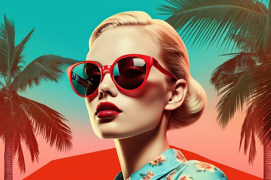 Girl in red glasses in front of palm trees collage pop art style pin up girl summer travel illustration for picture poster, postcard, social media banner Generative AI