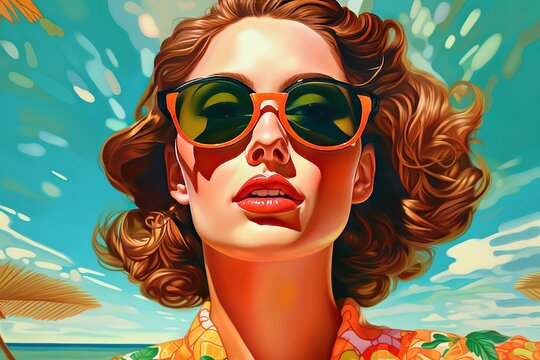 Girl in sunglasses in front of palm trees collage pop art style pin up girl summer travel bright illustration for picture poster, postcard, magazine social media banner Generative AI