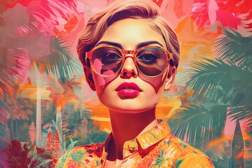 Girl in sunglasses in front of palm trees collage pop art style pin up girl summer travel bright illustration for picture poster, postcard, magazine social media banner Generative AI