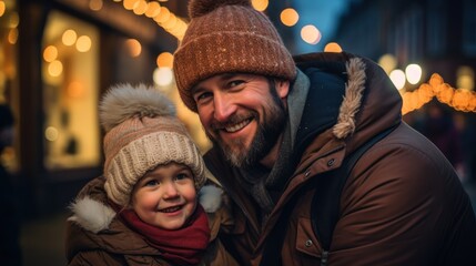 Parents and children have a wonderful time at a traditional Christmas market on a winter evening. Parents and children decorate the lights.