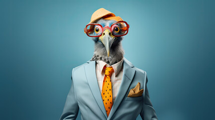 Portrait of Anthropomorphic Wacky Bird with Red Glasses, Blue Suit, and Orange Tie