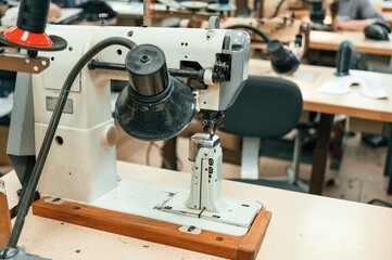 Close up view of sewing machine on the table