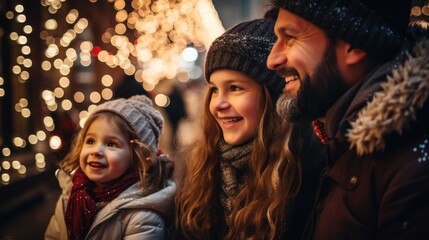 Parents and children have a wonderful time at a traditional Christmas market on a winter evening. Parents and children decorate the lights.