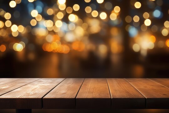 Restaurant background with blurred bokeh lights on an empty wooden table top.