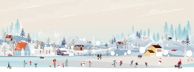 Christmas background,Winter Landscape in Christmas eve at night in City,Vector cute cartoon Winter Wonderland in the town,People celebration in the park on New Year,Banner Design for Holiday season - obrazy, fototapety, plakaty