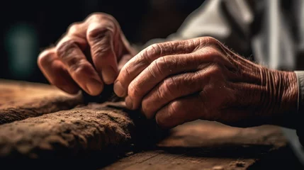 Rolgordijnen The old man's hand made a cigar © didiksaputra