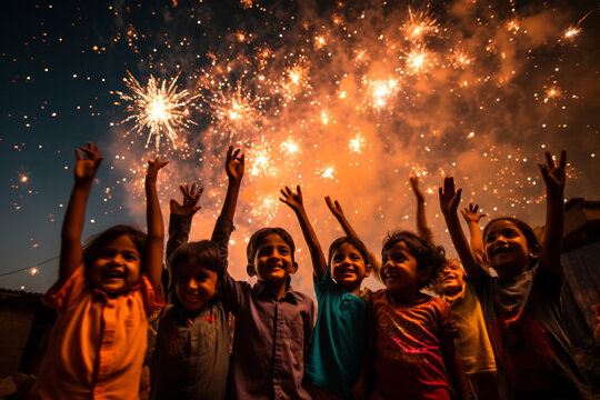 Children bursting fireworks against the night sky, Diwali, the triumph of light and kindness Generative AI