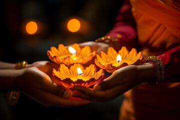Close-up of hands holding a plate of lit diyas, Diwali, the triumph of light and kindness Generative AI