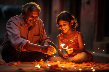 Family lighting firecrackers in celebration, Diwali, the triumph of light and kindness Generative AI