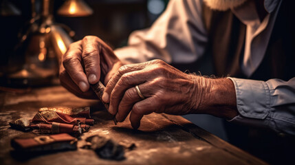 The old man's hand made a cigar - obrazy, fototapety, plakaty