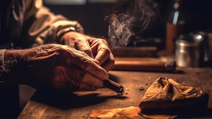 Foto op Plexiglas The old man's hand made a cigar © didiksaputra