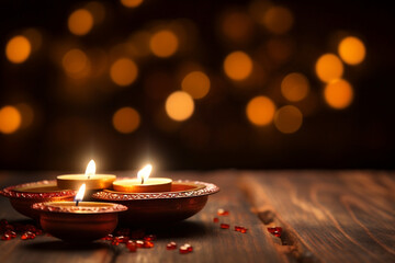 Diya candles placed on a wooden platform, Diwali, the triumph of light and kindness Generative AI