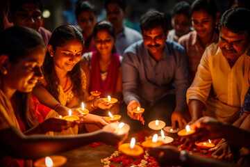 Fototapeta premium Group of people participating in a Diwali prayer ceremony, Diwali, the triumph of light and kindness Generative AI