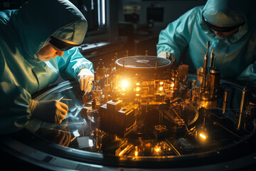 technicians working on modern Quantum Computer in science laboratory