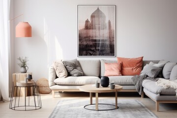 Scandi style living room with modern poster frame and .