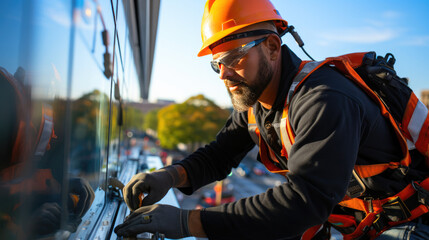 Window Panel Installation on Tower by Worker