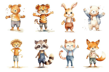 Set of cute cartoon animal characters in clothes isolated on white background.