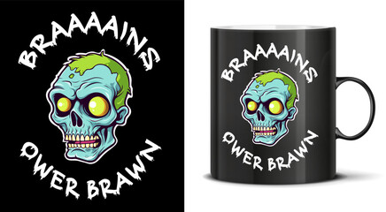 Brains over brawn Halloween party cartoon style zombie haed with funny lettering vector mug mockup on black. Horror font. T-shirt, mug, bag design, typography. For print, logo, poster, banner, stuff.