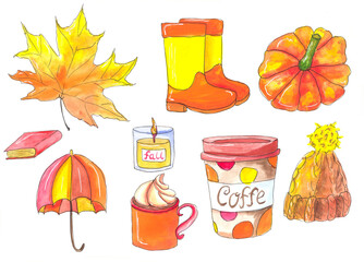 Autumn set, warm mood, cozy, orange, warm drink, candle
