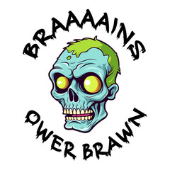 Brains over brawn Halloween party cartoon style zombie face with funny lettering vector illustration. Horror font. T-shirt, mug, bag design, typography. For print, logo, poster, banner, stuff.