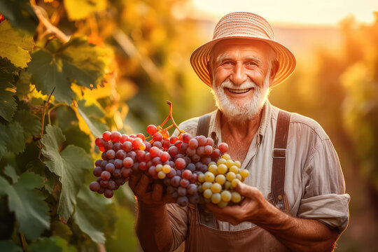 The old man is holding the bucket of grapes in the wineyard. Generative AI
