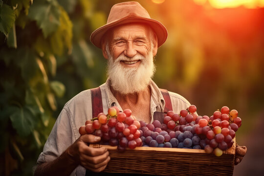 The old man is holding the bucket of grapes in the wineyard. Generative AI