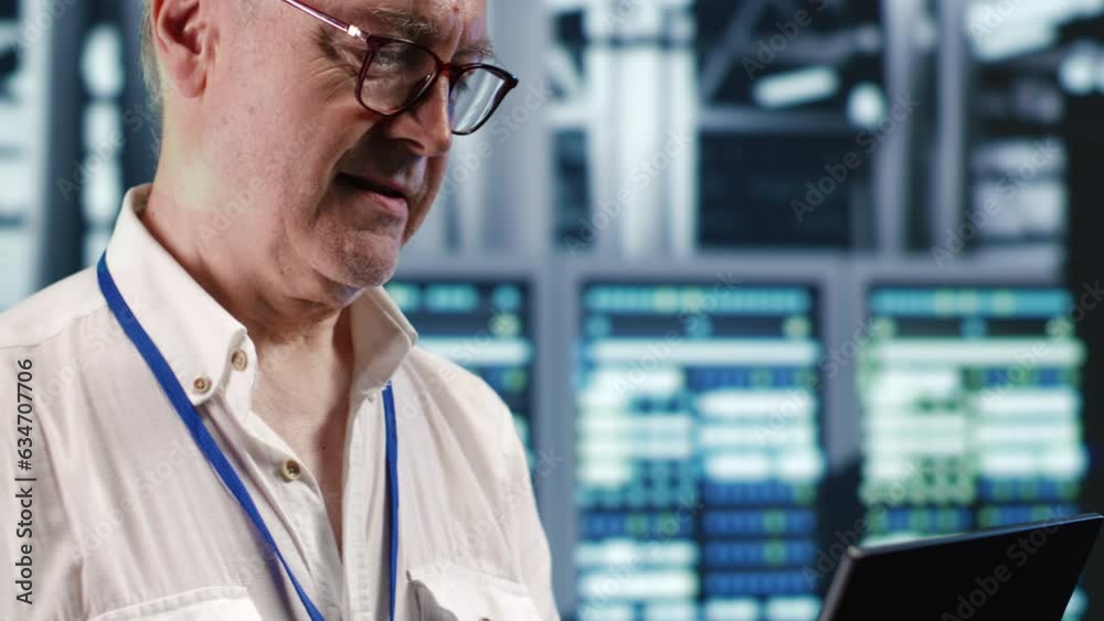 Poster trained it professional navigating network of supercomputers in industrial server room. supervisor w